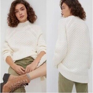 Anthropologie Bia Sweater S Cream Mock Neck Fluffy Cable Chunky Knit Puff Preppy